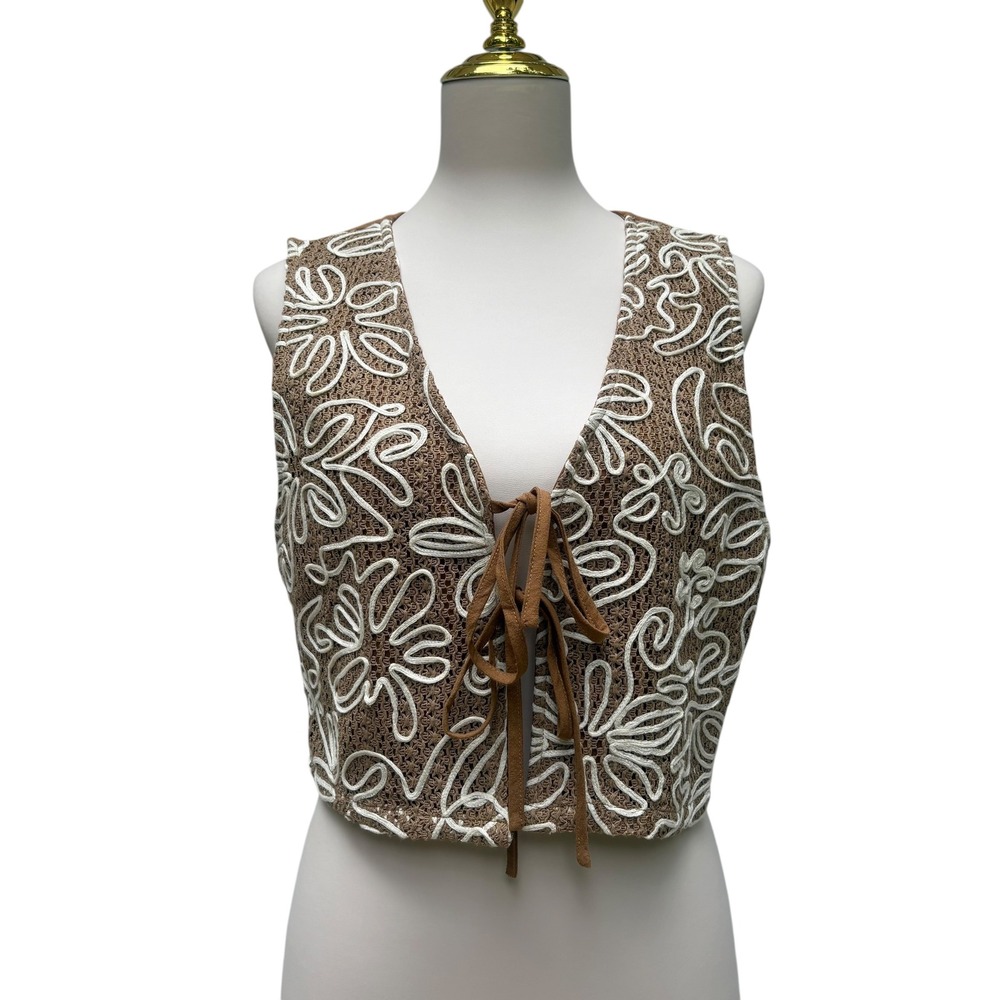 Boho Floral Tie Front Cotton Vest M Brown White Abstract Festival Hippie 70s